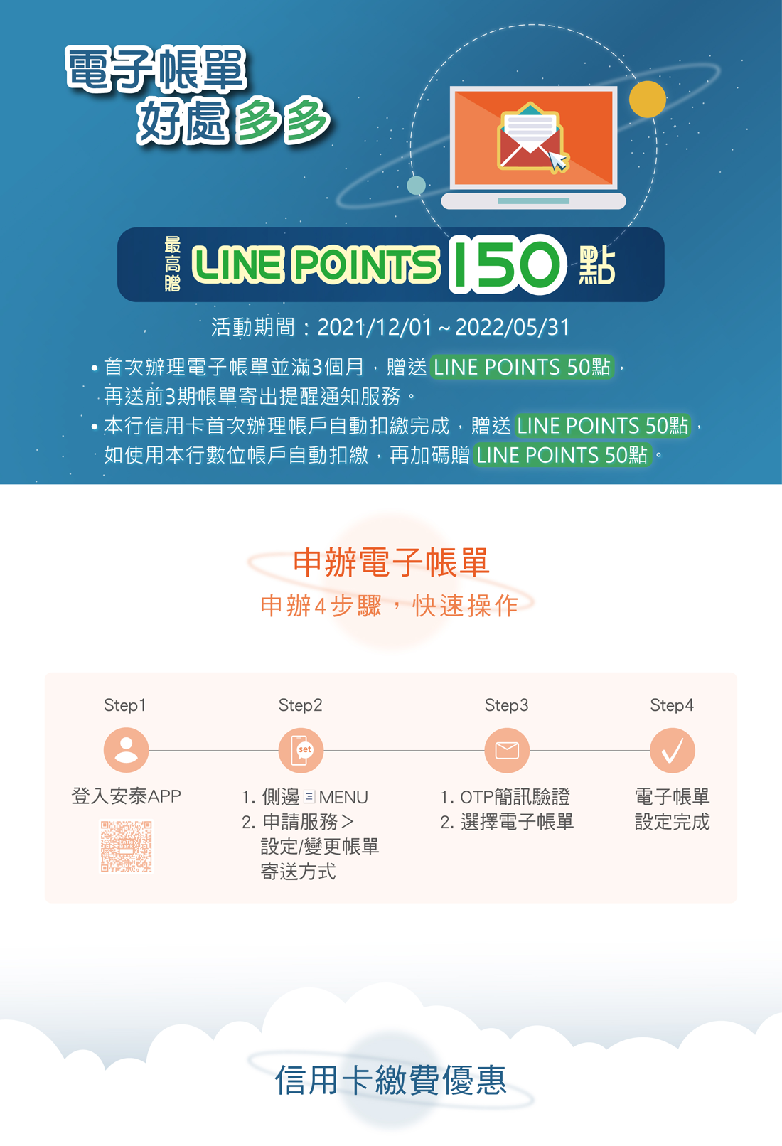 安泰銀行客戶首辦電子帳單，最高贈LINE POINTS 150點